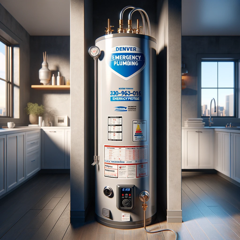 A sleek electric water heater installed in a modern home utility room, featuring Denver Emergency Plumbing's logo and website