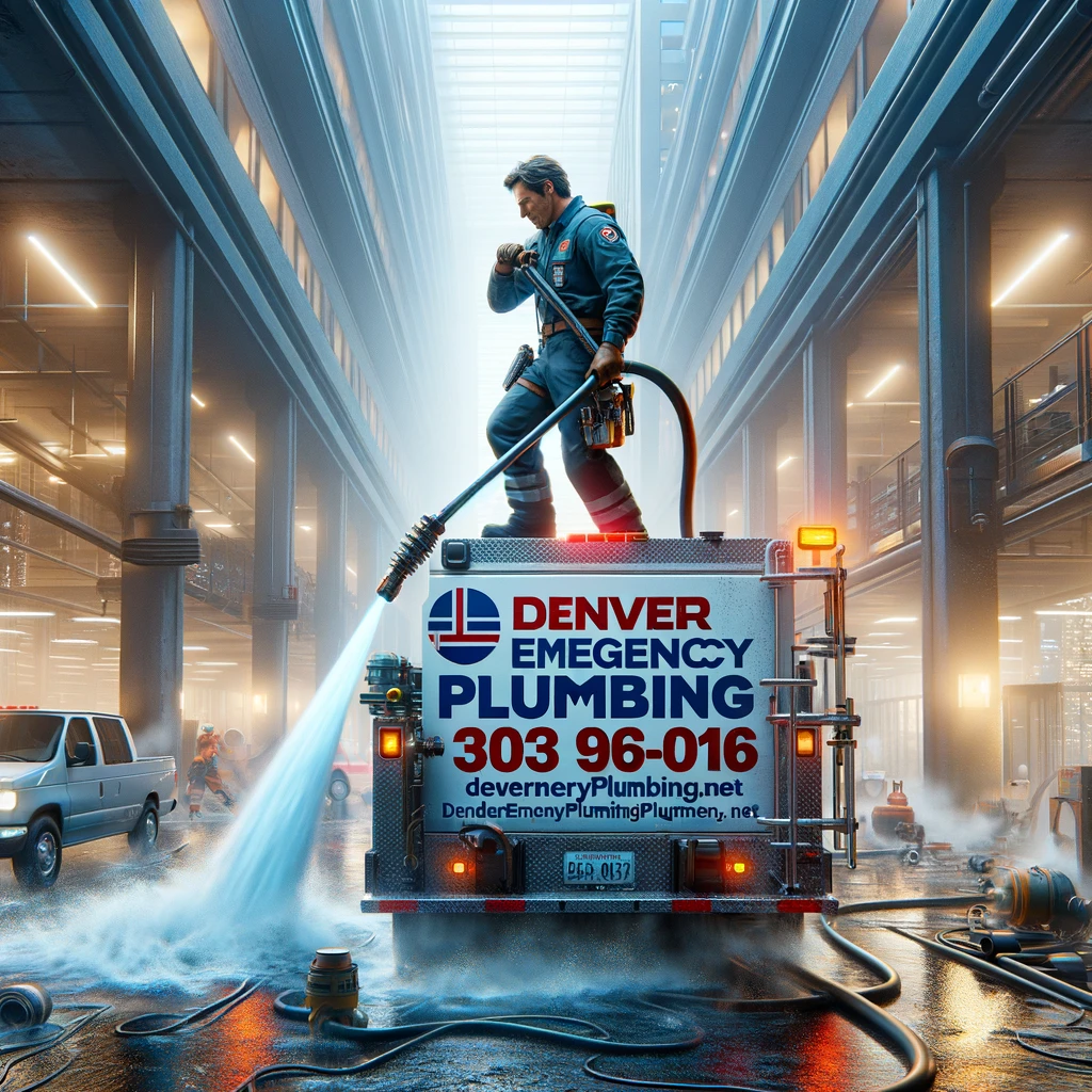 Professional from Denver Emergency Plumbing using hydro jetting technology in a commercial environment.