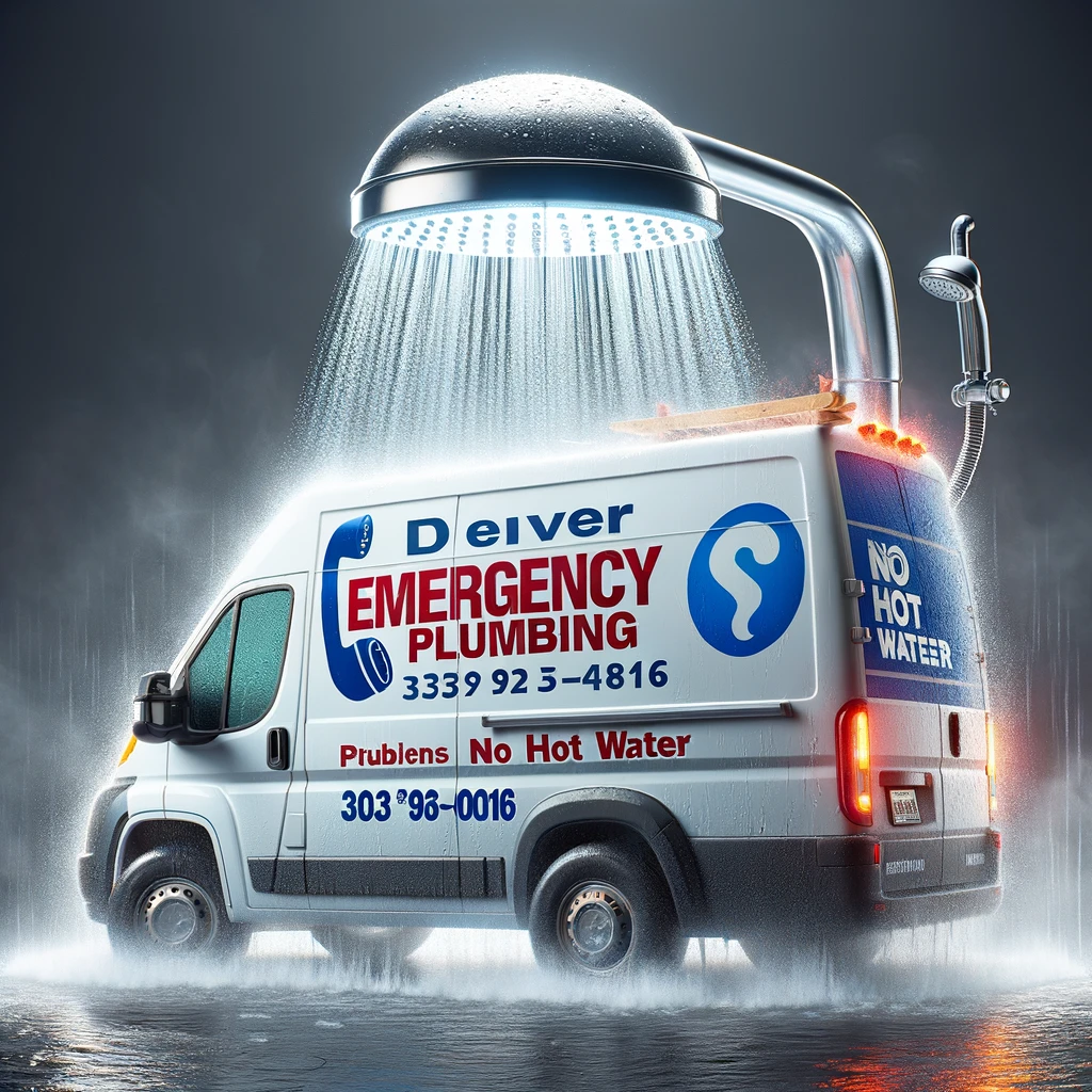 Conceptual image of a cold shower and Denver Emergency Plumbing service van arriving