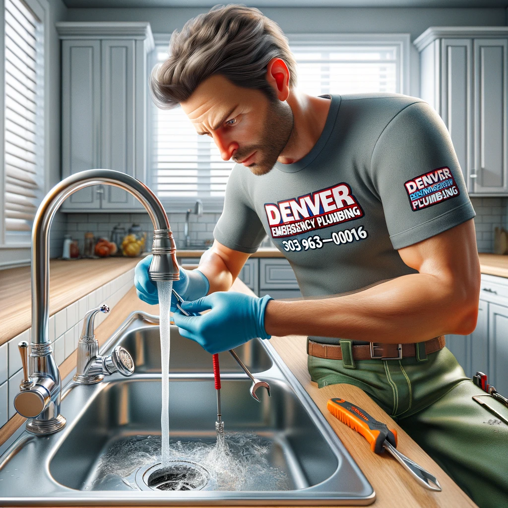 Denver Emergency Plumbing technician repairing a leaky sink faucet in a home kitchen.
