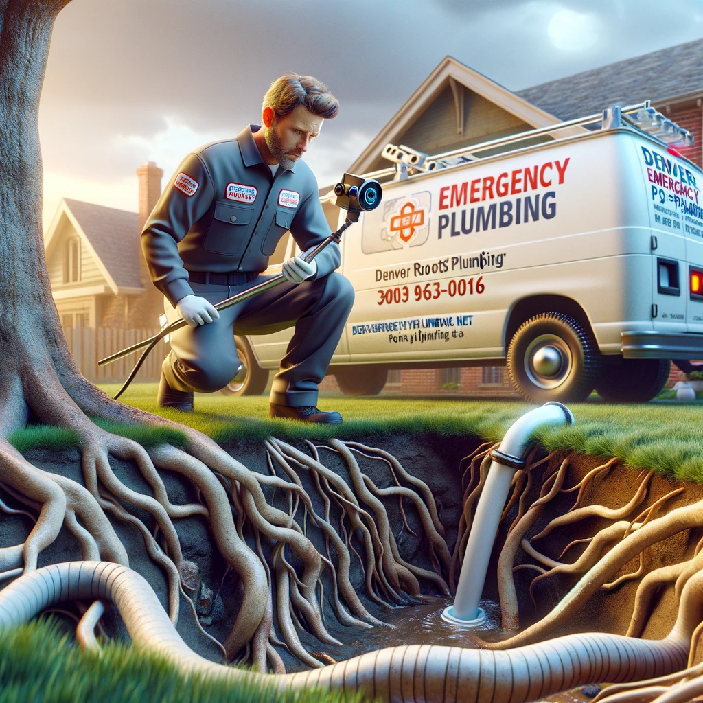 Denver Emergency Plumbing technician assessing root intrusion damage in a residential yard.