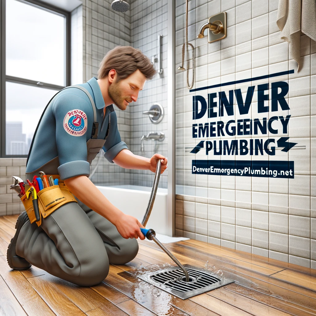 Denver Emergency Plumbing technician skillfully working on a clogged shower drain in a home bathroom.