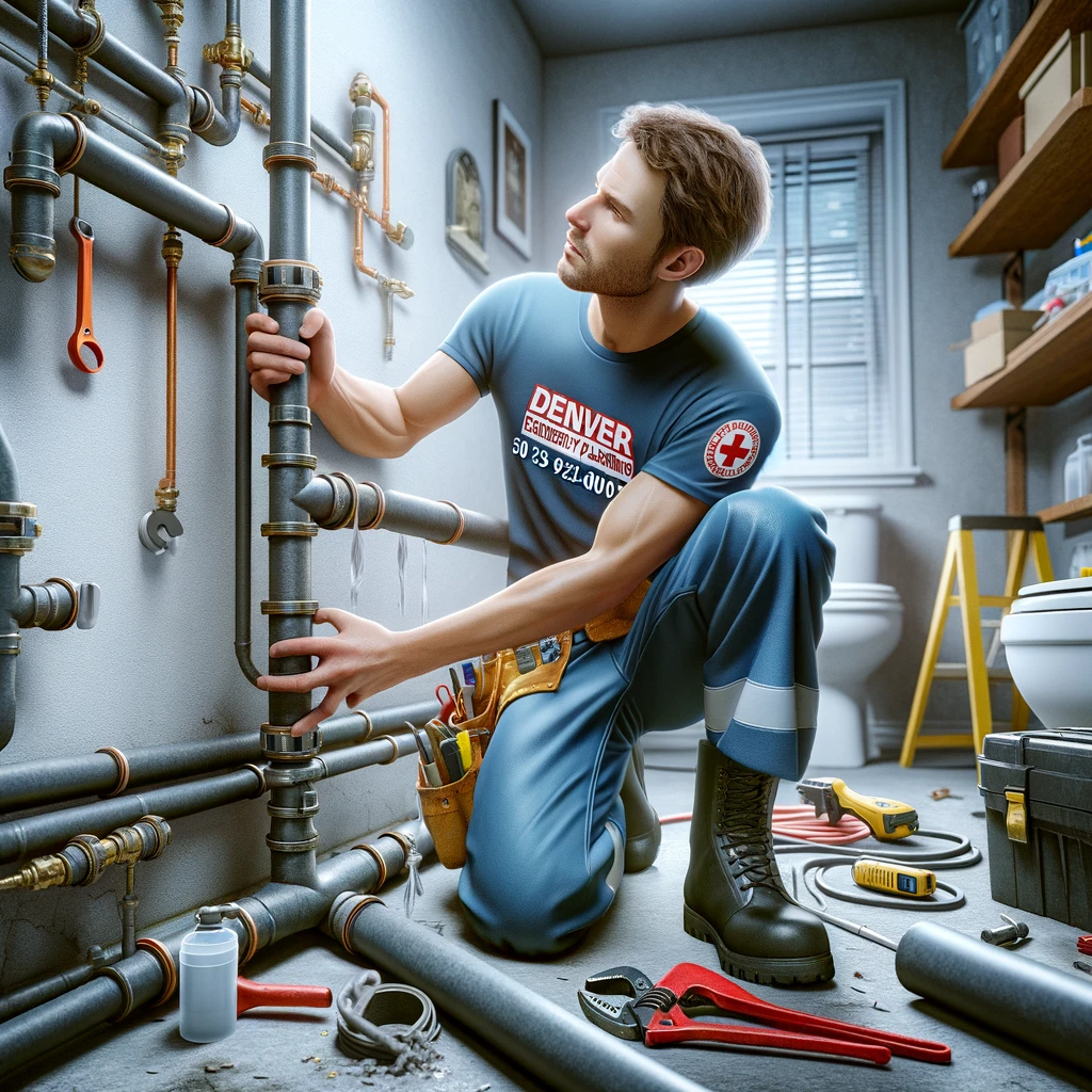 Denver Emergency Plumbing technician replacing pipes in a home utility room.