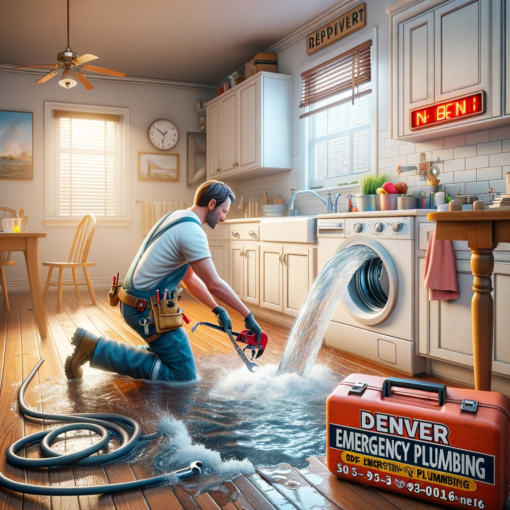 Denver Emergency Plumbing technician repairing a water leak in a home kitchen or bathroom.