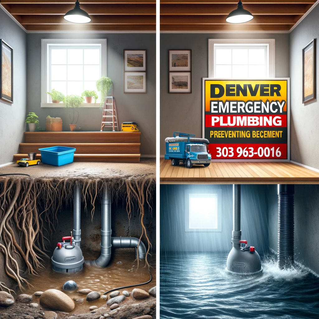 Before-and-after comparison of a basement with Denver Emergency Plumbing's sump pump installation